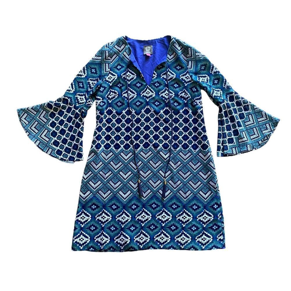 Vince Camuto Dress Bell Sleeve Tassel Teal Royal Blue 4